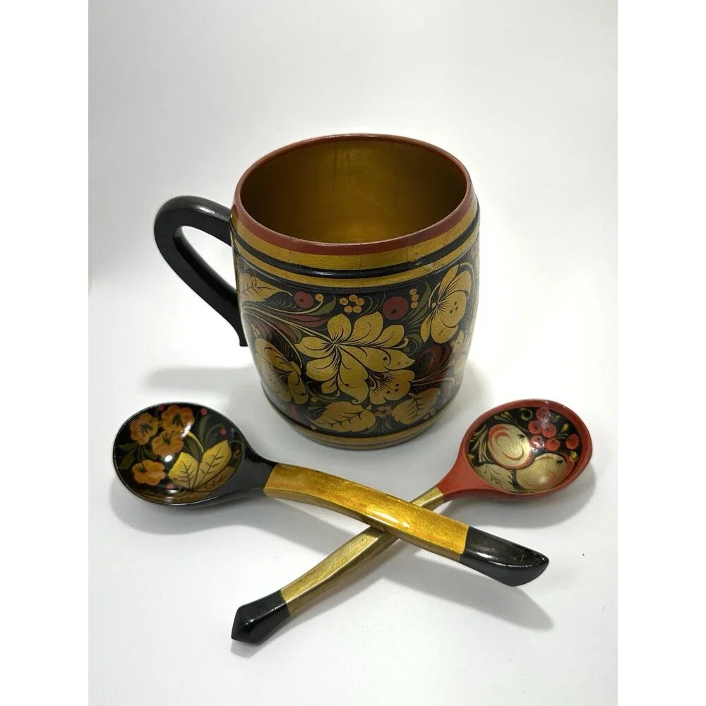 Russian Khokhloma Hand-Painted Lacquered Wood Bowl + Spoon Set Folk Art